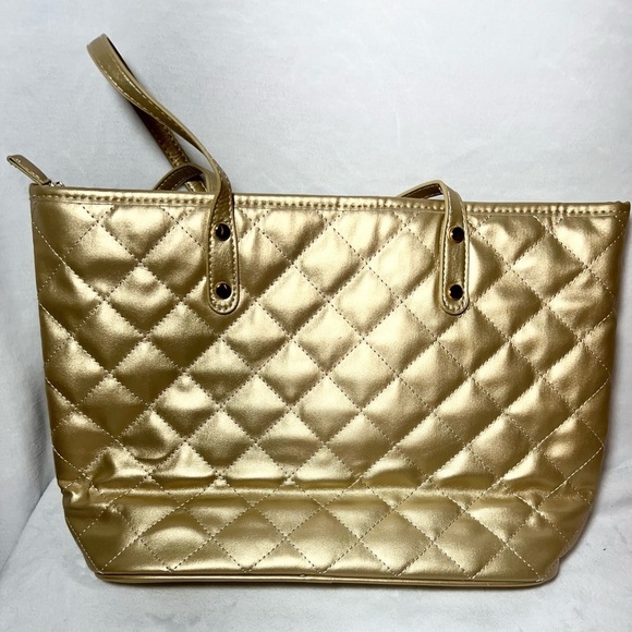 Montana West Metallic Gold Quilted Tote 10”x 14”x 5” Zipper Closure - Picture 9 of 10
